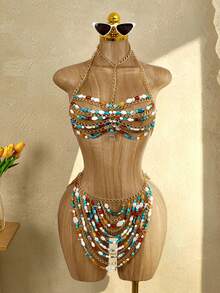 Mistrie Women's Colorful Beaded Swimwear Set, 2pcs/Set, Women's Swimwear Set, Beach VacationSwimwear Set, Island Vacation Swimwear Set, Beach Pool Party Holiday Wear, Spring/Summer, Spring/Summer Boho Swimwear, Women's Beach Bikinis Summer 2026 Summer Outfits For Women Beach Dress Beach Outfits For Women Elegant Casual Summer Holiday Outfits Vacation Outfits For Women Swimwear Bathing Suits For Women Bikini Dress Sexy Summer Rhinestone Bikini Beaded Bikini - Blue - View 3