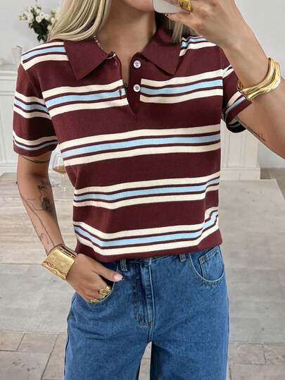 Livesso Spring & Summer Red & Blue Striped Color Block Loose Casual Business Office Chic Polo Shirt Short Sleeve Knit Top For Women