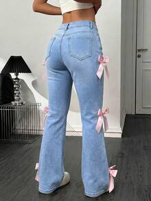 SHEIN PETITE Women's Casual Flare Jeans With Pockets & Bow Decor - Light Wash - View 2