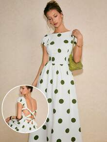 Poéselle 女士波点印花船领露背休闲连衣裙 - 綠色 - 查看 1