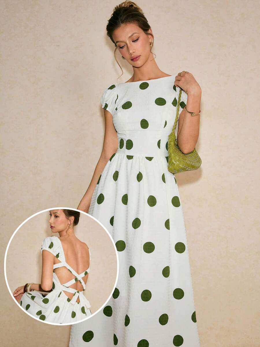 Poéselle 女士波点印花船领露背休闲连衣裙 - 綠色 - 查看 1