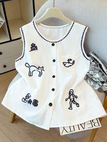 Nubod Plus Size Women Animal Print Pocket Elegant Sleeveless Shirt White Vest Cute Vest Sleeveless Top Button-Down Vest Embroidered Vest - White - View 1