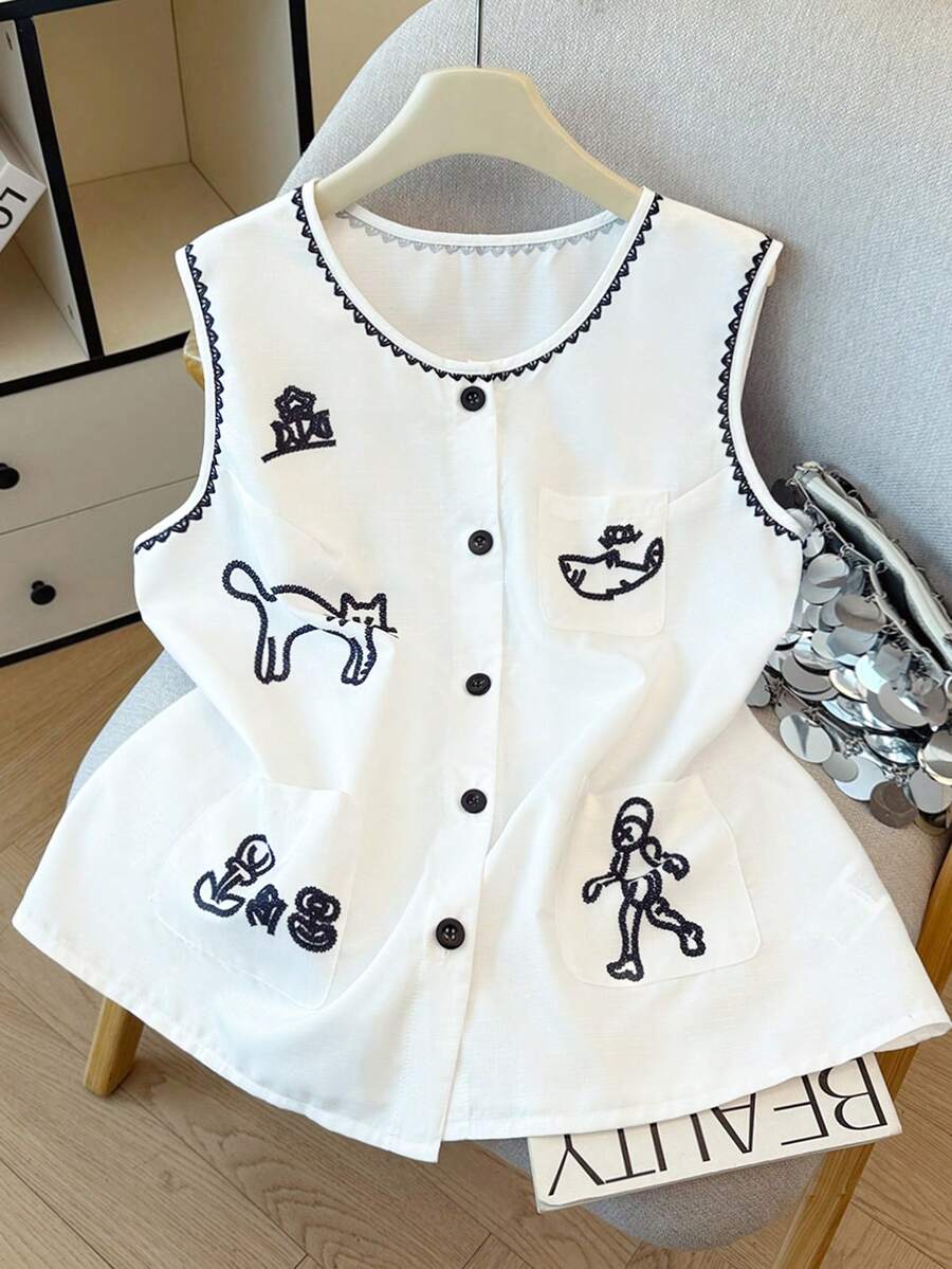 Nubod Plus Size Women Animal Print Pocket Elegant Sleeveless Shirt White Vest Cute Vest Sleeveless Top Button-Down Vest Embroidered Vest - White - View 1