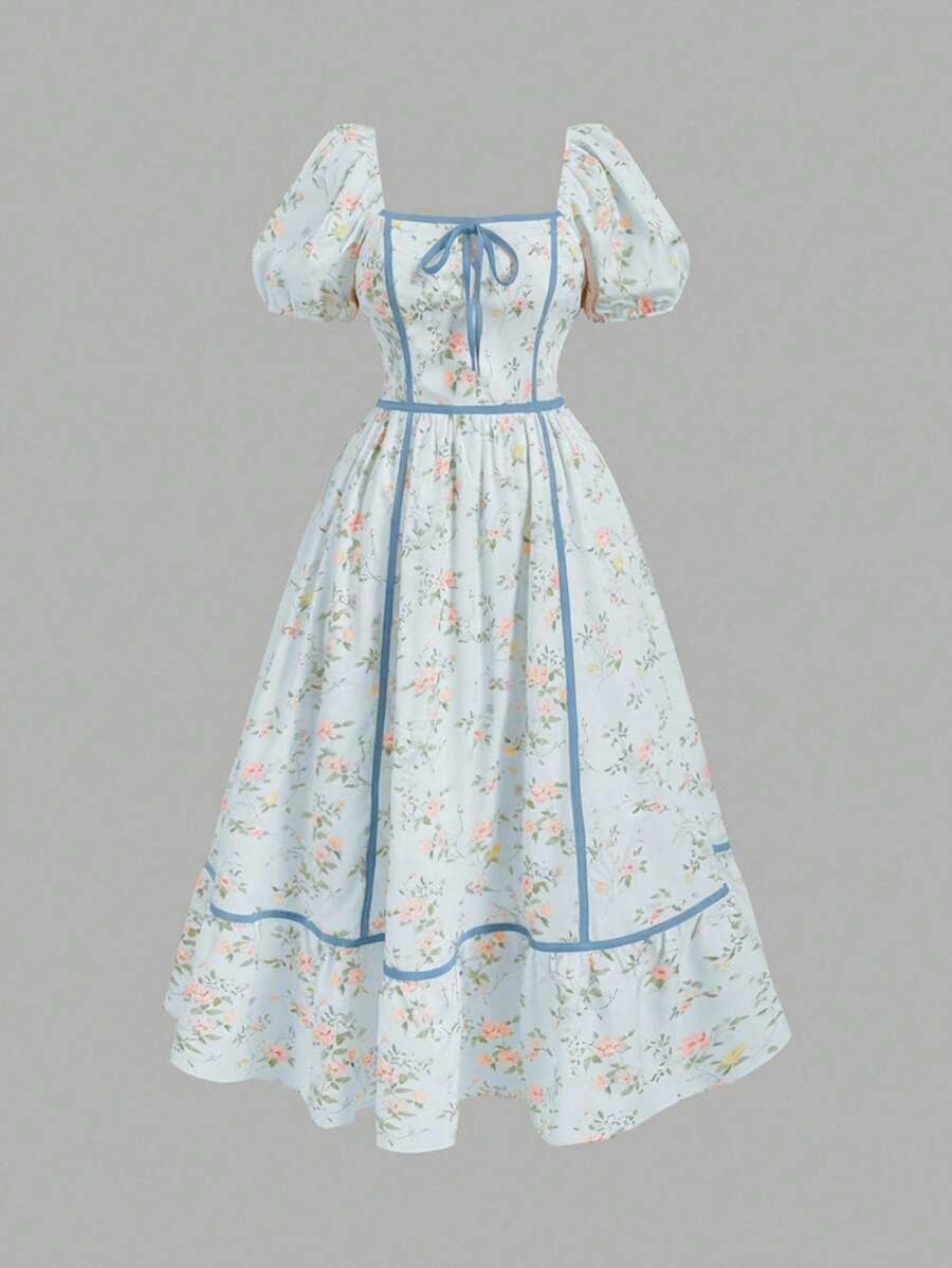 SHEIN MOD 大码碎花撞色滚边连衣裙，浪漫假日 - 淺藍色 - 查看 1
