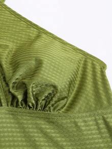 Swim Oasis 大码女式亮面纹理面料交叉前系带露背椰树印花网纱裙连体泳衣，休闲度假日常泳池优雅款 - 綠色 - 查看 10