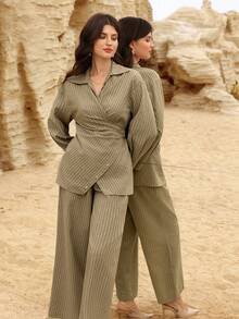 Modelyn 女士卡其色条纹长袖交叉系带纽扣腰A字优雅上衣和直筒长裙两件套，春夏款 - 卡其色 - 查看 6