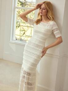 MOTF PREMIUM WOMEN'S HEAVY CONTRAST LACE HOLLOW-OUT SHORT SLEEVE DRESS - Apricot - View 5