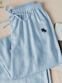 Comfortcana 浅蓝色梭织女式刺绣打结阔腿裤，百搭 - 淺藍色 - 查看 4