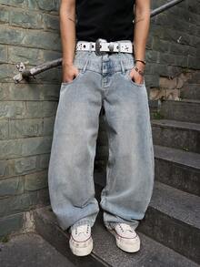 Manfinity EMRG Men's Casual Street Style Patchwork Embroidered Blue Denim Jeans - Light Wash - View 2