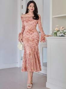 DAZY Đầm midi dáng đuôi cá trễ vai tay xòe họa tiết hoa thanh lịch dành cho nữ, thích hợp làm đầm dự tiệc cưới mùa xuân/hè. - Hồng - Xem 4