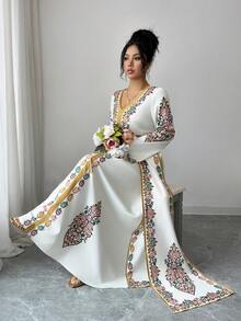 Elenzga 新款春夏波西米亚风中东印花V领收腰长袍，蝙蝠袖长袖，金色滚边长裙 - 彩色 - 查看 7