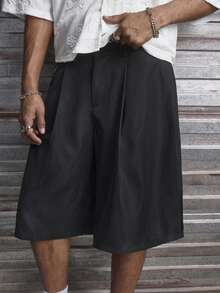 AXEPEAK 男士夏季休闲日常通勤简约纯色褶皱宽松阔腿短裤 - 黑色 - 查看 6