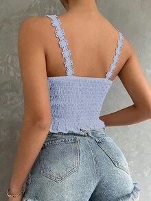 Breezaya 女士优雅度假风水溶性蕾丝修身吊带背心，夏季 - 藍色 - 查看 2