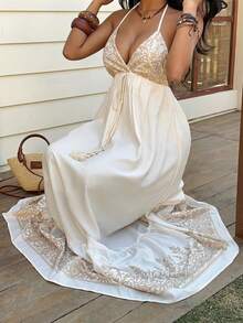 Sunnyshic Đầm nữ cổ chữ V kiểu Bohemian in họa tiết, thắt eo, thích hợp cho kỳ nghỉ biển, mùa xuân/hè. - Nhiều màu - Xem 4