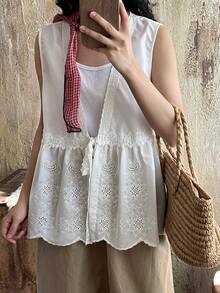 FRIFUL Áo tank top không tay thêu ren xếp lớp dành cho nữ, thích hợp cho mùa hè. - Màu Khaki - Xem 6