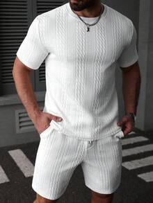 Manfinity CasualCool 男士休闲纹理短袖T恤和短裤套装 - 白色 - 查看 5