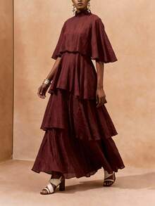 Zivah Blusa con cuello medio alto con volantes, de tela tejida transparente marrón, y falda larga con volantes de 3 capas, nueva llegada de primavera 2025 para mujeres - Café - Ver 5