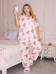 Slumberry CURVE Cute Ins Bear Plaid Print Contrast Color Lapel Button Front Short Sleeve Comfortable Loose Casual Woven Pajama Set, Plus Size - Pink - View 6
