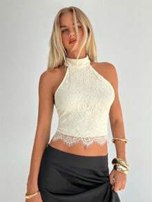 Aloruh Áo hai dây ren đen hở lưng gợi cảm dành cho nữ - Màu be - Xem 4