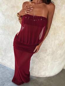 Aloruh 女士新款纯色酒红色抹胸连衣裙，珍珠链饰优雅性感透视派对连衣裙，适合情人节、女士海滩度假装扮、女士海滩罩衫、女士度假装、女士海滩度假套装、女士度假连衣裙、优雅、外出、派对、夏季服装、夏季假日装扮、花朵、图案、嘉年华、情人节长裙、女士情人节服装 - 酒紅色 - 查看 5