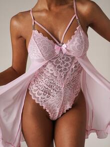 SHEIN BAE 透明网眼拼接二合一性感蕾丝女式内衣紧身衣 - 淺粉色 - 查看 7