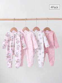 4pcs Newborn Cute Rabbit & Bear Graphic Footie Pajamas, Pink & White - Multicolor - View 1