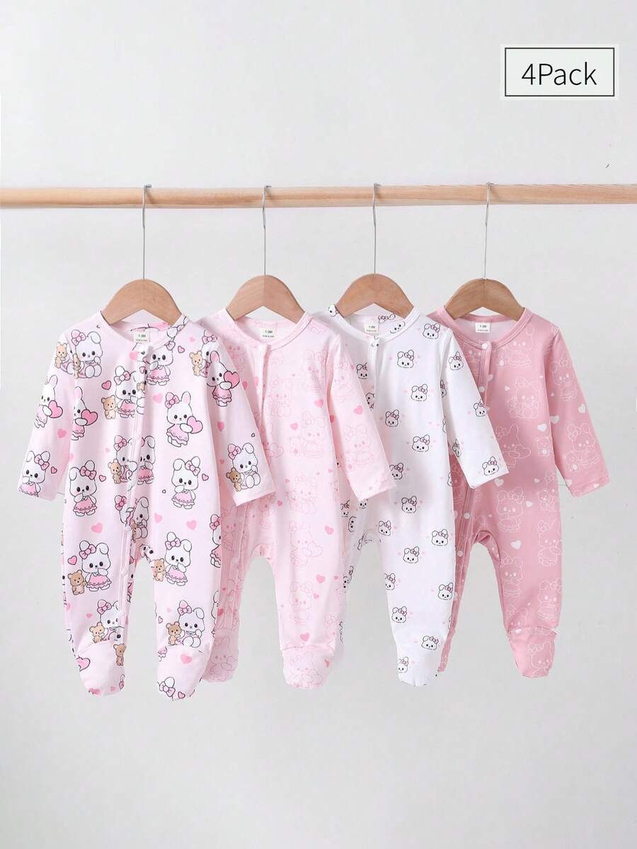 4pcs Newborn Cute Rabbit & Bear Graphic Footie Pajamas, Pink & White - Multicolor - View 1