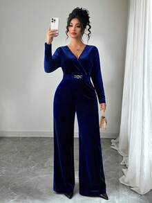 Elenzga Plus Size Solid Color Metal Buckle Waist Fitted Velvet Jumpsuit, Suitable For Party Wear - Royal Blue - View 6