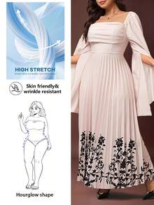 Hourglow Große Größen Elegantes Kleid für Damen mit Blume Muster, quadratischem Ausschnitt, Rüschensaum und Schlitzärmeln - Aprikosenfarben - Übersicht 1