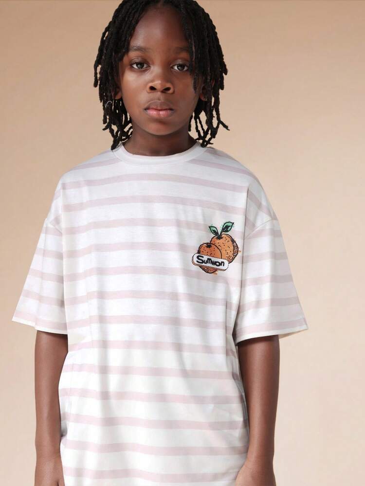 Oversized Orange Citrus Print Striped Tee