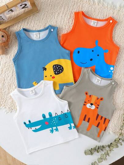 SHEIN Playful Pals 4 piezas de Tops sin mangas para bebé niño de verano en azul, blanco, amarillo y naranja con estampados de animales adorables, de estilo casual y apropiados para uso diario, juegos al aire libre, escuela, vacaciones, deportes y fiestas
