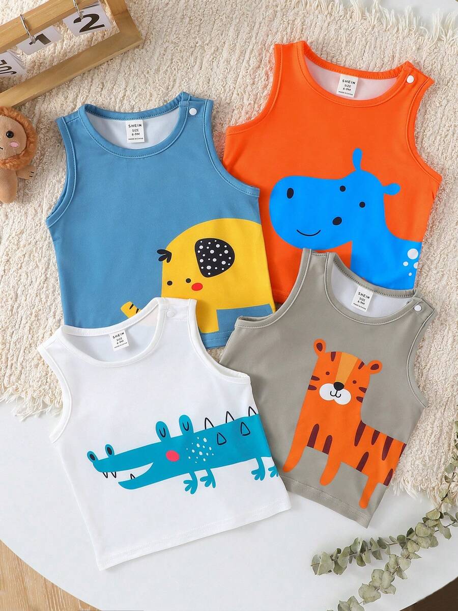 SHEIN Playful Pals 4pcs Baby Boy Summer Sleeveless Tops White Casual Graphic Cute Animal Prints Adorable Style For Vacation Daily Outdoor School Sports Party - Multicolor - View 1