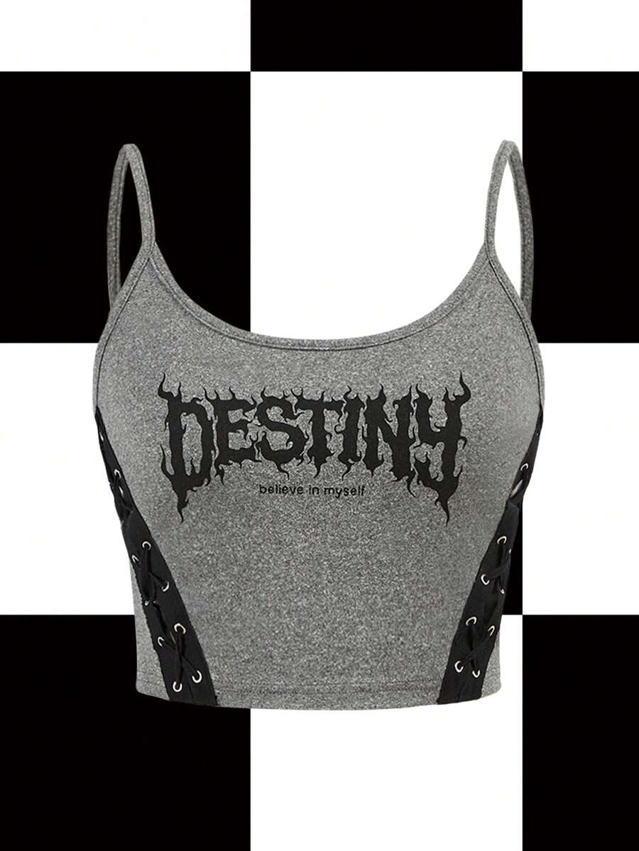 Y2Kool Robin Artist Dark Summer Casual Crop Bodycon Cami Top With Crossed Strap And Letter Print, For Summer, Holiday, Vacation, Beach, Going Out, Festival, Ibiza Fits, Western Wear Autumn Matching Idea Party Top Stylish Clothing Collection New Year Outfits Gyaru Graphic Tops Black Tops - Dark Grey - View 1