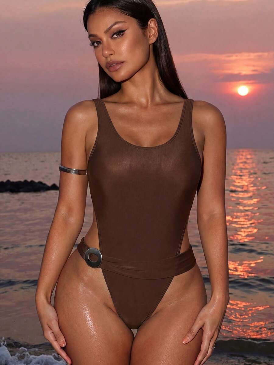 Swim SXY Premium Metal Buckle Waist Backless One-Piece Swimsuit, Slimming, Suitable For Vacation & Spa - Multicolor - View 1