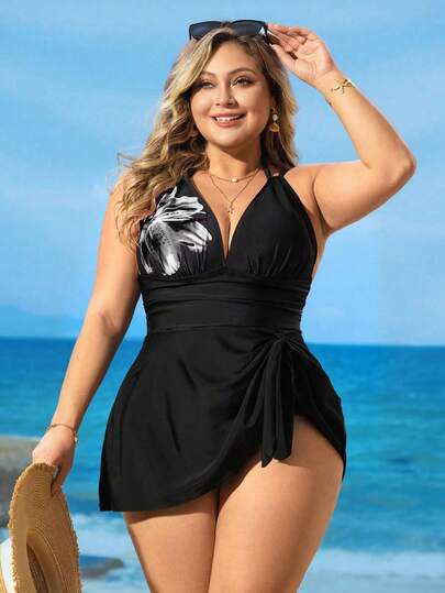 Swim Lushoire 大码女式两件套V领吊带印花坦克泳衣