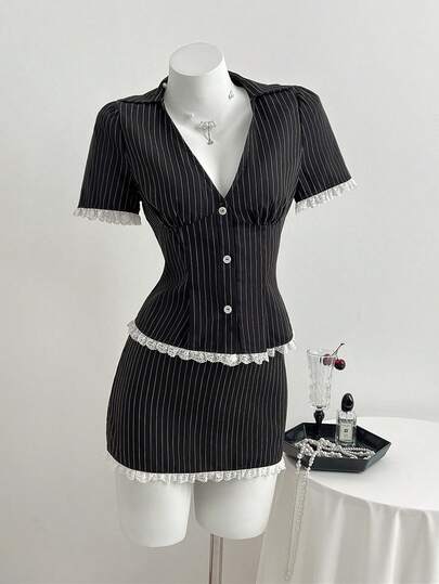 Elamini Casual Fitted Black Striped Lace Trim Short Sleeve Blouse And Minimalist A-Line Short Skirt 2-Piece Set For Women