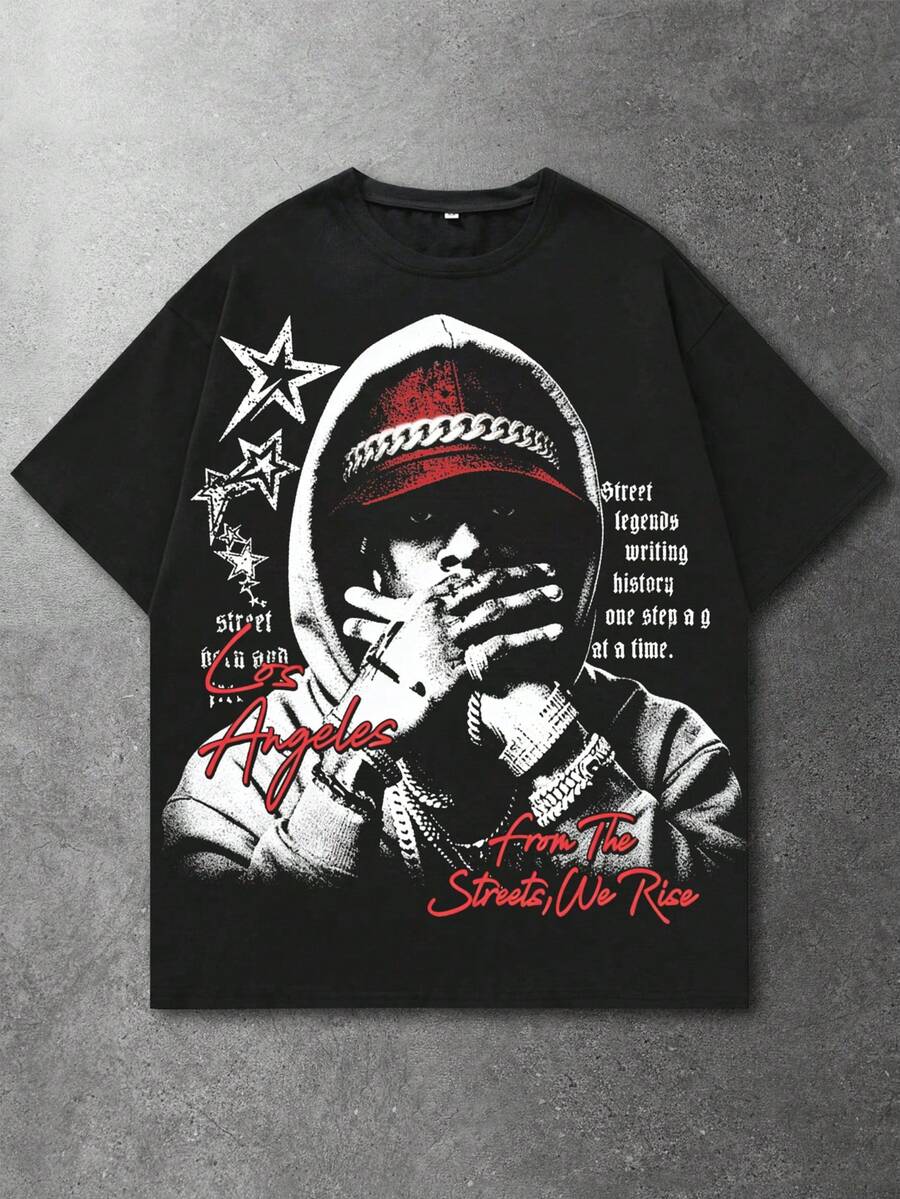 ROMWE MEN Street Life Men's Printed Short Sleeve T-Shirt, Suitable For Everyday Wear In Spring/Summer - Black - View 1
