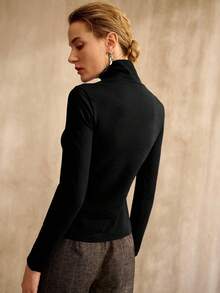 MOTF PREMIUM MINIMALIST COTTON BLEND TURTLENECK LONG SLEEVE FITTED T-SHIRT, SPRING/AUTUMN/WINTER - Black - View 3