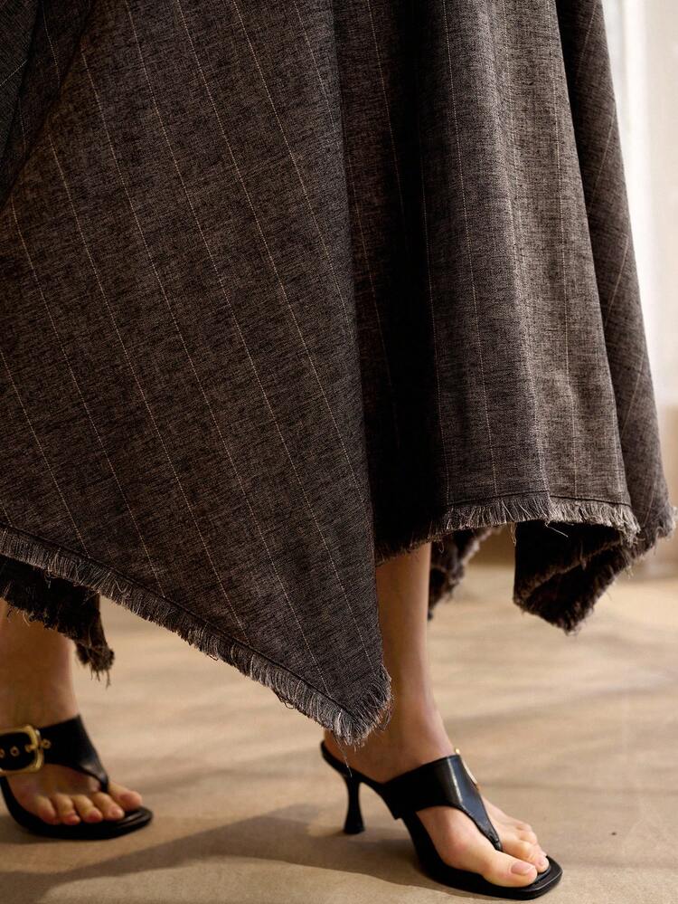 STRIPED LINEN A-LINE SKIRT WITH HEMLINE, VINTAGE STYLE, SPRING/SUMMER