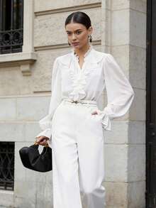 BizChic Women's Autumn Ruffle Hem Long Sleeve Blouse, Urban Commute Office Business Casual Elegant Lady Formal Shirt Top - White - View 4