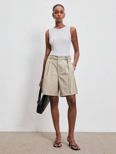 ATUI Studio Women's Pleated Casual Shorts, Fold Detail Belted High Waist Shorts, Solid Color Loose Fit Summer Bottoms For Vacation Daily Office