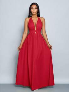 SOLERSUN 女士纯色露背吊带V领度假沙滩交叉系带露背长裙度假沙滩装 - 紅色 - 查看 8