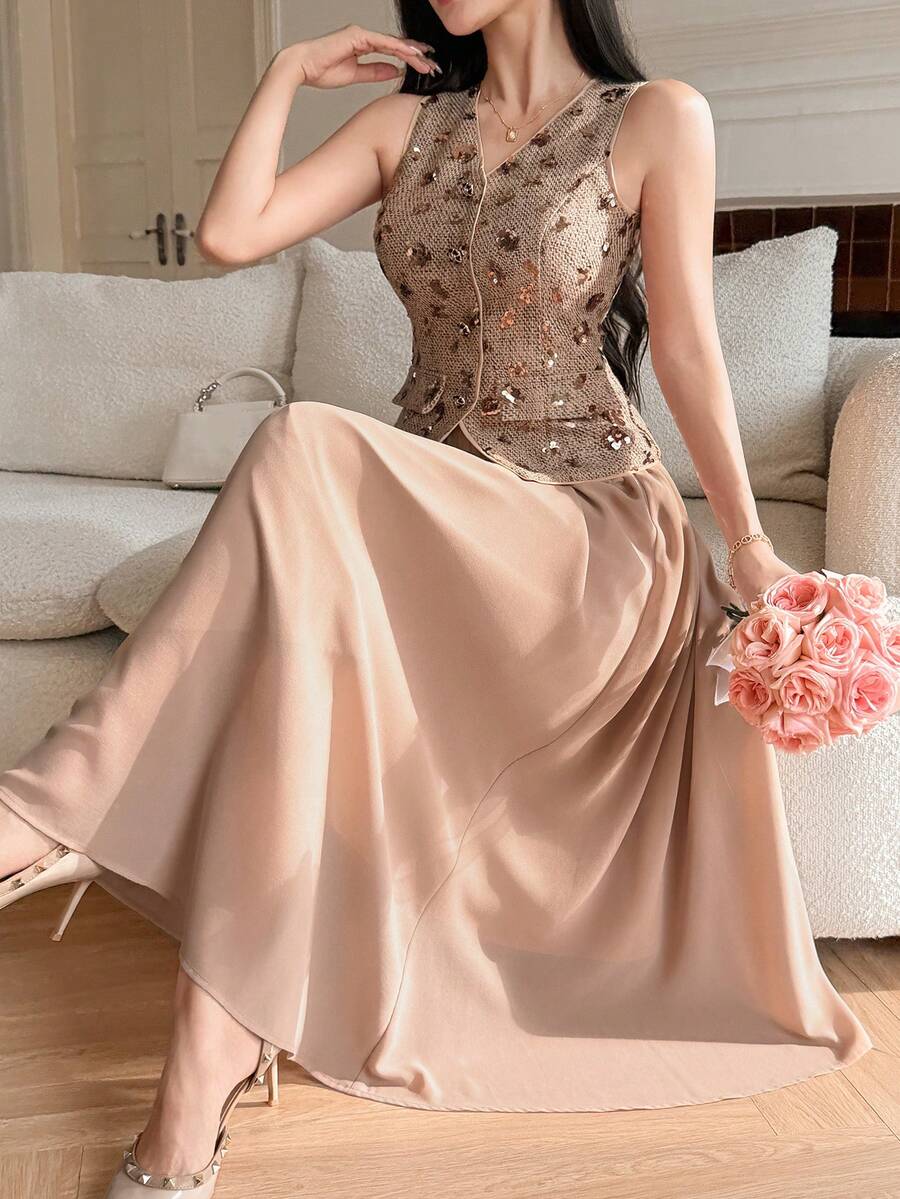 DAZY 女士优雅亮片假口袋V领无袖背心和纯色半裙两件套，夏季婚礼宾客礼服 - 卡其色 - 查看 1