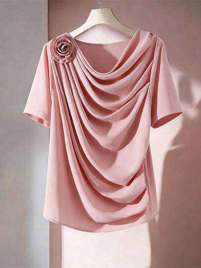 GlowEve CURVE Plus Size Women Floral Decor Draped Neck Elegant Sweet Party Valentine's Day Short Sleeve Blouse, Spring/Summer