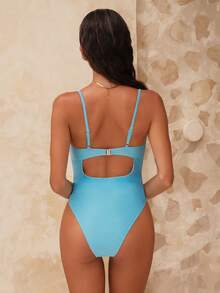 Swim Chiccia 1pc Women's Sexy Solid Color Shiny Nylon Underwire One-Piece Swimsuit With Fashionable Shell Chain Strap, Spring/Summer - Baby Blue - View 2