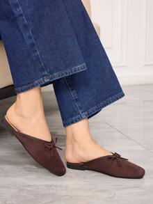 Sleekvia Women Shoes Small Square Toe Flat Bottom Brown Suede Bow Women's Mules Slippers Women's Flat Shoes Daily Commuting Lazy Half Drag Low Vamp Mules Shoes Women's Shoes - Coffee Brown - View 3