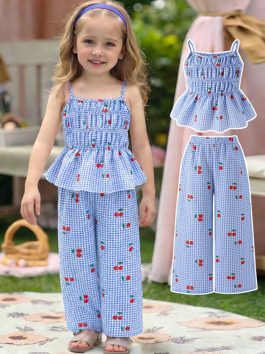 SHEIN Young Girl' Cute Striped Bow Print Camisole And Flowy Wide Leg Pants Set, Summer - Multicolor - View 1