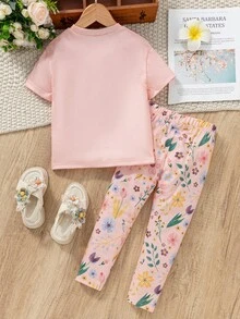 SHEIN 2件套少女休闲人像印花圆领短袖T恤和裤子夏季套装 - 淺粉色 - 查看 2