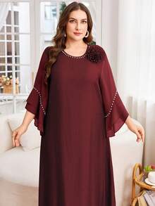 Lacomfia Plus Size Women Solid Color Chiffon Patchwork Modest Casual Dress - Burgundy - View 1