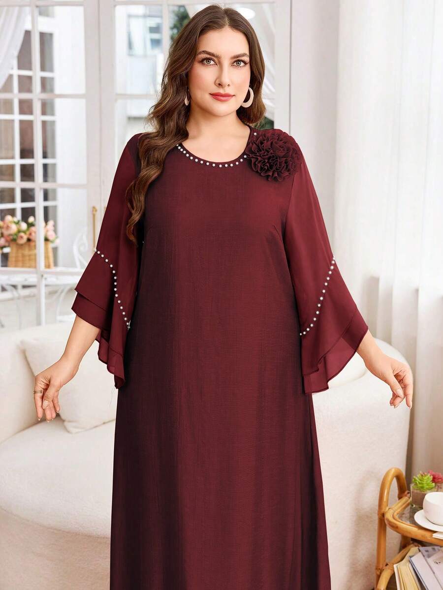 Lacomfia Plus Size Women Solid Color Chiffon Patchwork Modest Casual Dress - Burgundy - View 1